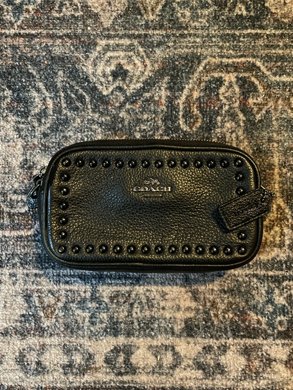 Coach laquer rivets small leather crossbody bag double zip, black pebble leather